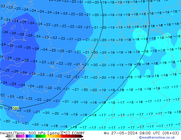 Height/Temp. 500 hPa ECMWF Seg 27.05.2024 09 UTC