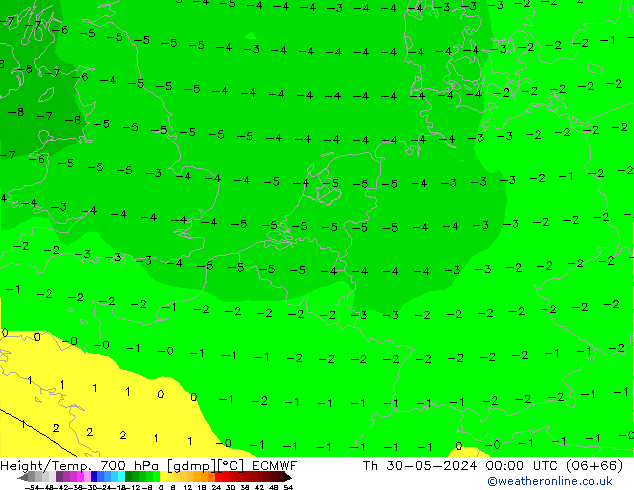 Height/Temp. 700 hPa ECMWF Qui 30.05.2024 00 UTC