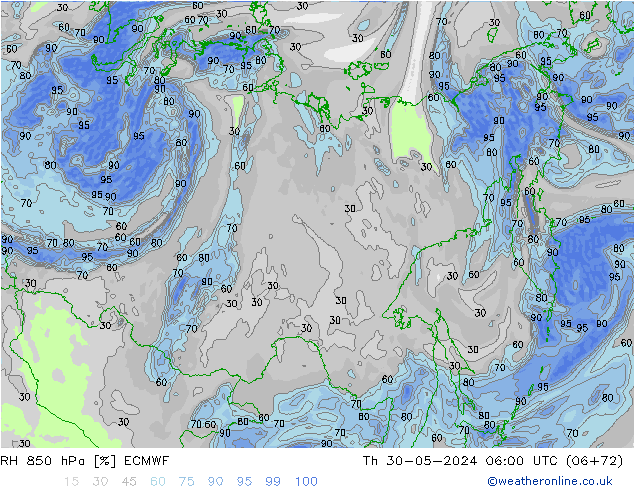 RH 850 hPa ECMWF czw. 30.05.2024 06 UTC