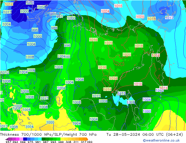 Thck 700-1000 hPa ECMWF mar 28.05.2024 06 UTC