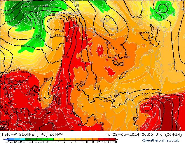 Theta-W 850hPa ECMWF  28.05.2024 06 UTC