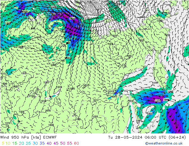 wiatr 950 hPa ECMWF wto. 28.05.2024 06 UTC