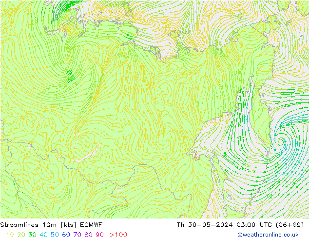 Stromlinien 10m ECMWF Do 30.05.2024 03 UTC