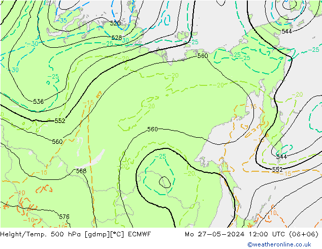 Z500/Rain (+SLP)/Z850 ECMWF Mo 27.05.2024 12 UTC