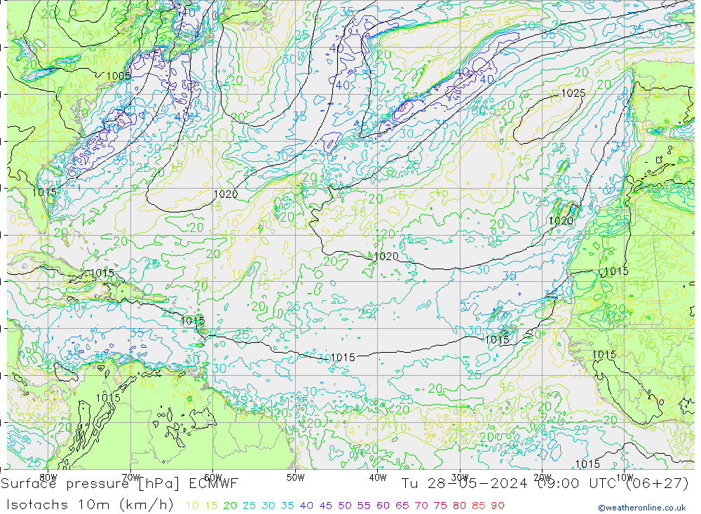 Isotachs (kph) ECMWF  28.05.2024 09 UTC