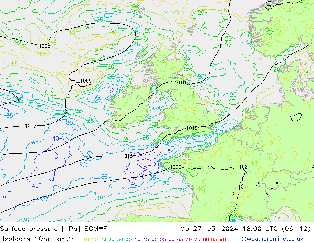 Isotachs (kph) ECMWF lun 27.05.2024 18 UTC