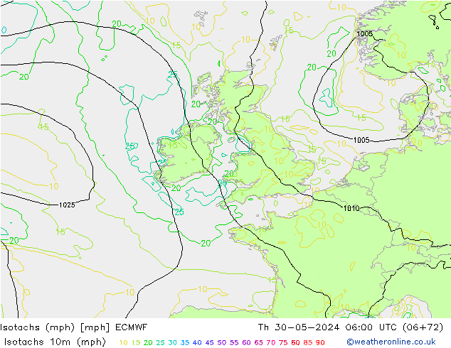 Isotachs (mph) ECMWF Th 30.05.2024 06 UTC