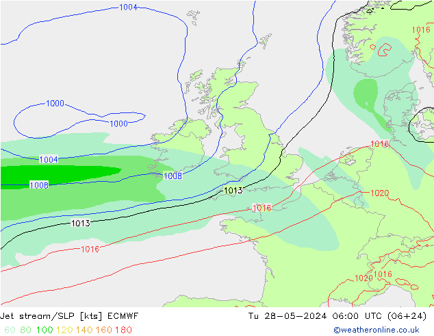 Jet stream/SLP ECMWF Tu 28.05.2024 06 UTC