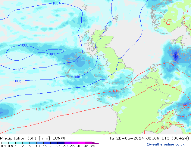 Z500/Rain (+SLP)/Z850 ECMWF wto. 28.05.2024 06 UTC