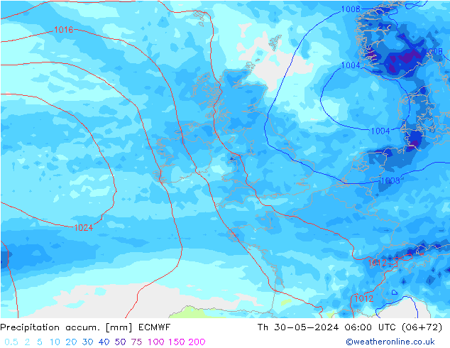 Precipitation accum. ECMWF czw. 30.05.2024 06 UTC
