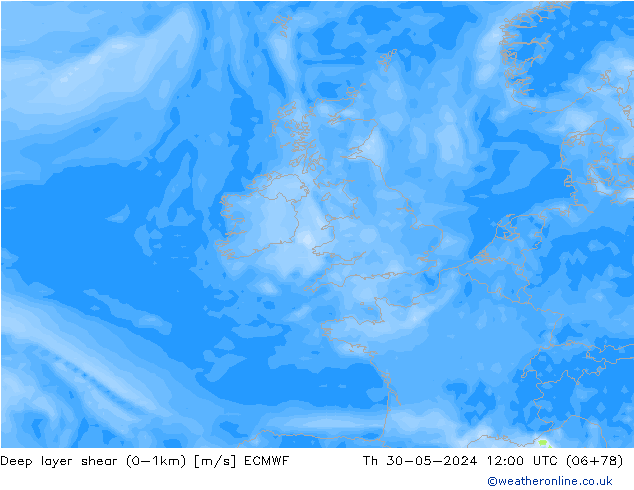 Deep layer shear (0-1km) ECMWF Th 30.05.2024 12 UTC