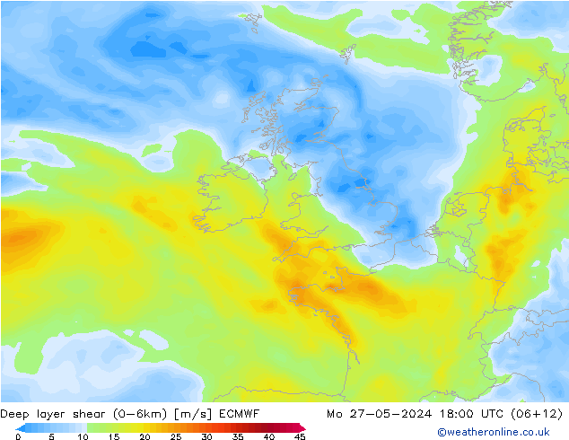 Deep layer shear (0-6km) ECMWF lun 27.05.2024 18 UTC