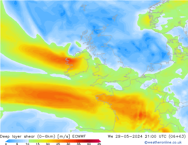 Deep layer shear (0-6km) ECMWF  29.05.2024 21 UTC