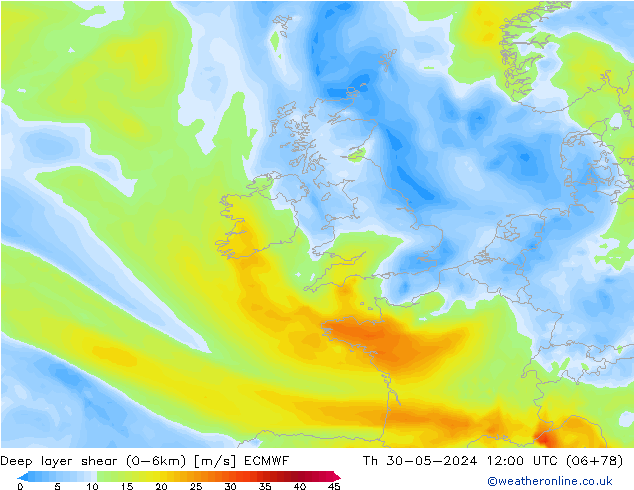 Deep layer shear (0-6km) ECMWF Th 30.05.2024 12 UTC