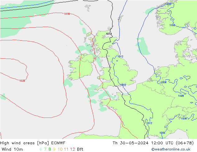 High wind areas ECMWF Čt 30.05.2024 12 UTC