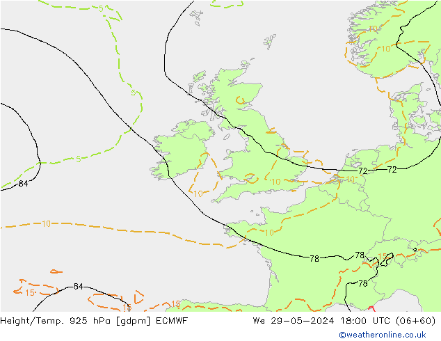 Height/Temp. 925 hPa ECMWF mer 29.05.2024 18 UTC