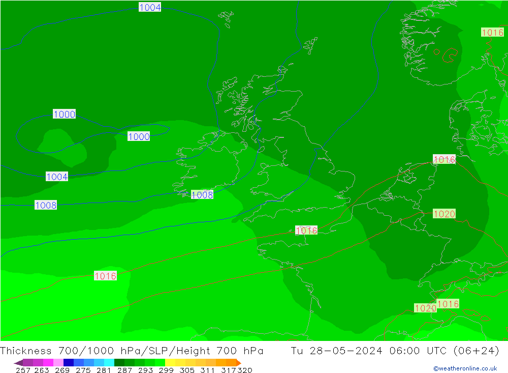 Thck 700-1000 hPa ECMWF Út 28.05.2024 06 UTC