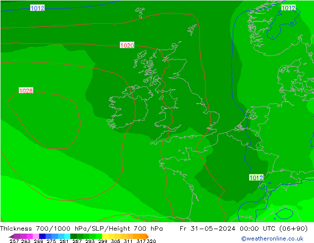 Thck 700-1000 hPa ECMWF Fr 31.05.2024 00 UTC