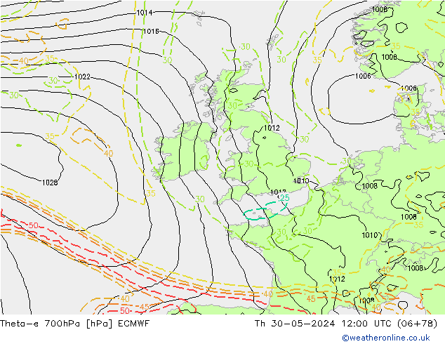 Theta-e 700hPa ECMWF Čt 30.05.2024 12 UTC