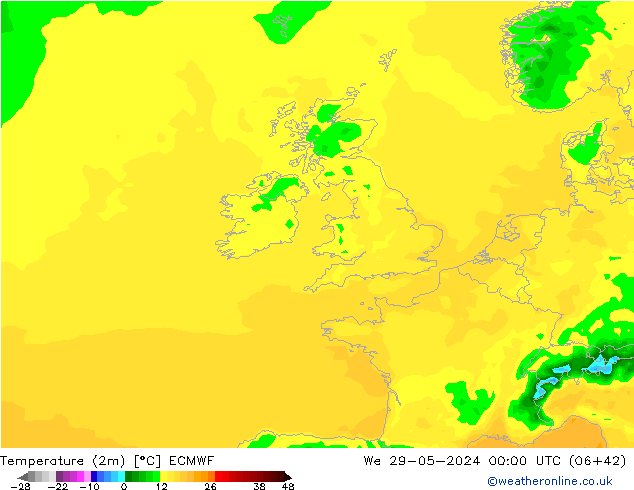 Temperatuurkaart (2m) ECMWF wo 29.05.2024 00 UTC