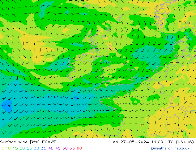 Prec 6h/Wind 10m/950 ECMWF пн 27.05.2024 12 UTC