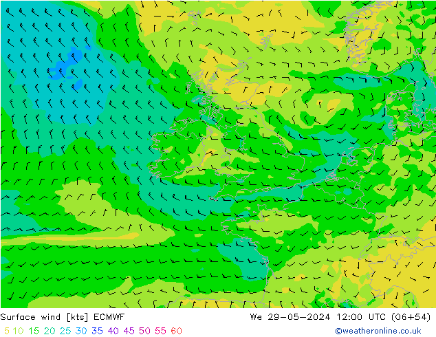 wiatr 10 m ECMWF śro. 29.05.2024 12 UTC