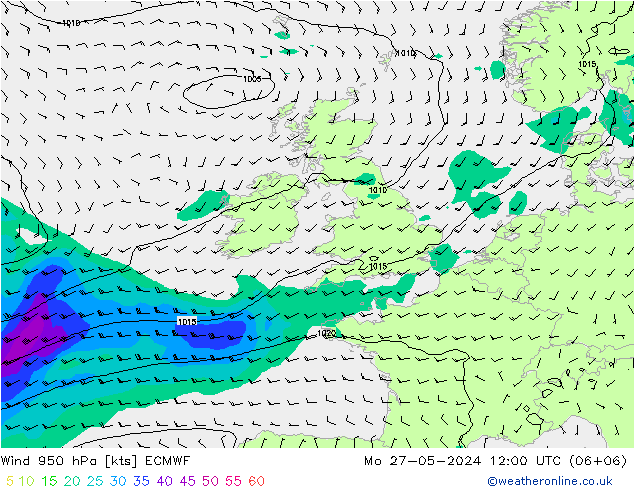 Prec 6h/Wind 10m/950 ECMWF пн 27.05.2024 12 UTC