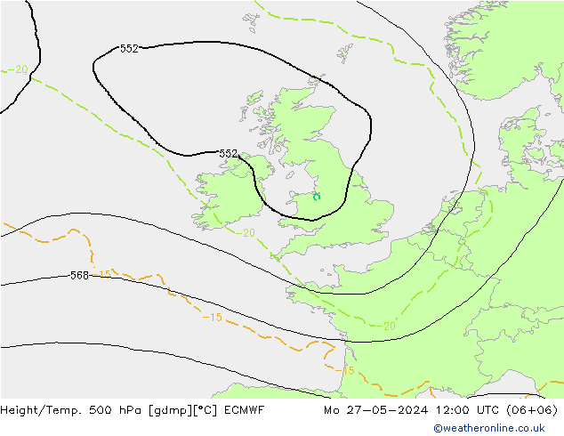 Z500/Rain (+SLP)/Z850 ECMWF Mo 27.05.2024 12 UTC