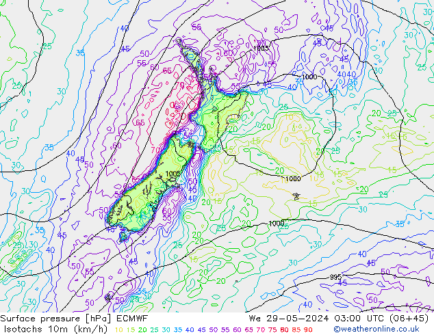 Izotacha (km/godz) ECMWF śro. 29.05.2024 03 UTC