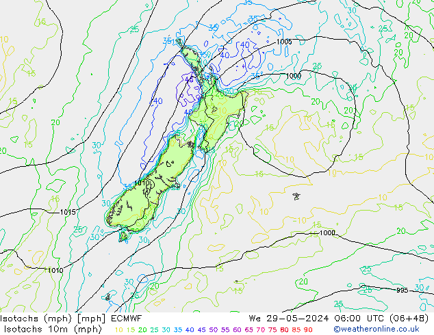 Isotachen (mph) ECMWF wo 29.05.2024 06 UTC