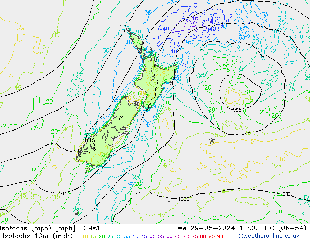 Isotachen (mph) ECMWF wo 29.05.2024 12 UTC