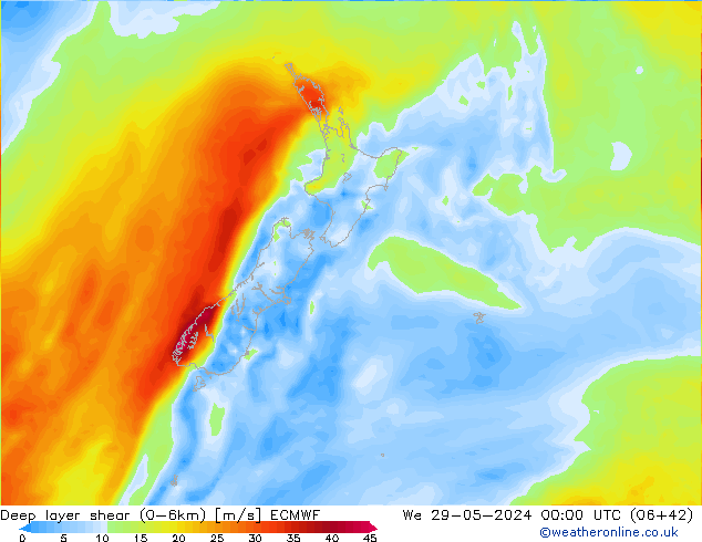 Deep layer shear (0-6km) ECMWF Mi 29.05.2024 00 UTC