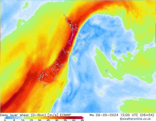 Deep layer shear (0-6km) ECMWF wo 29.05.2024 12 UTC