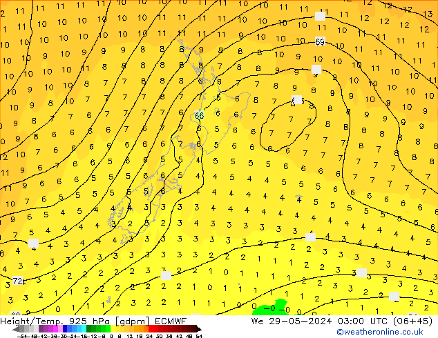 Height/Temp. 925 hPa ECMWF śro. 29.05.2024 03 UTC