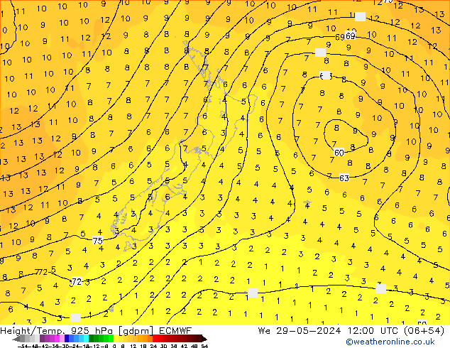 Hoogte/Temp. 925 hPa ECMWF wo 29.05.2024 12 UTC