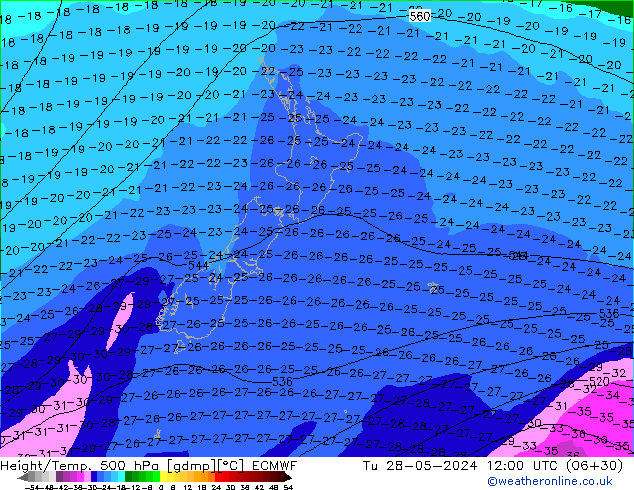 Z500/Rain (+SLP)/Z850 ECMWF Di 28.05.2024 12 UTC