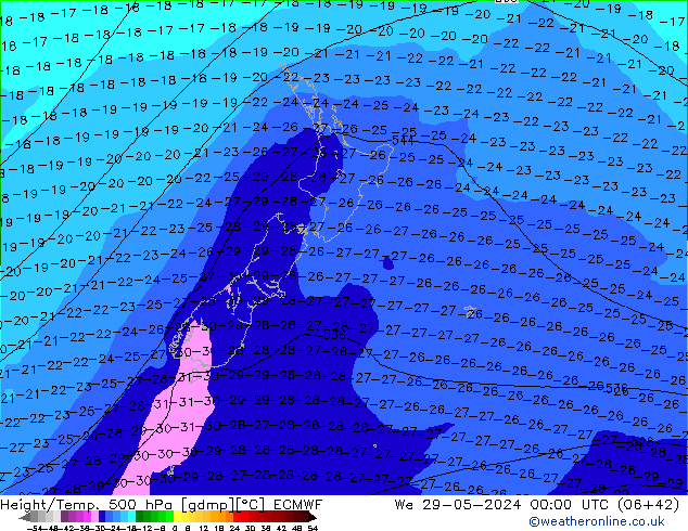 Z500/Rain (+SLP)/Z850 ECMWF We 29.05.2024 00 UTC