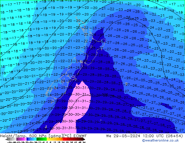 Z500/Rain (+SLP)/Z850 ECMWF mié 29.05.2024 12 UTC