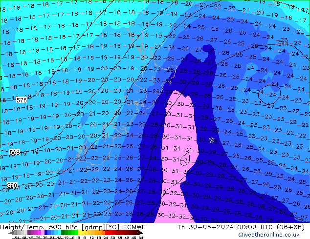 Z500/Rain (+SLP)/Z850 ECMWF czw. 30.05.2024 00 UTC