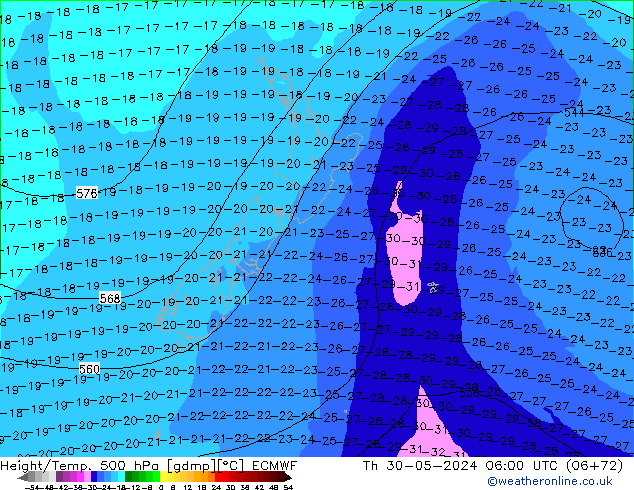 Z500/Rain (+SLP)/Z850 ECMWF Th 30.05.2024 06 UTC