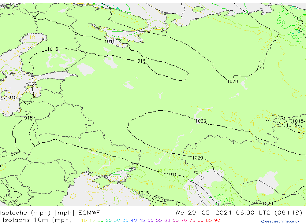 Isotachs (mph) ECMWF St 29.05.2024 06 UTC