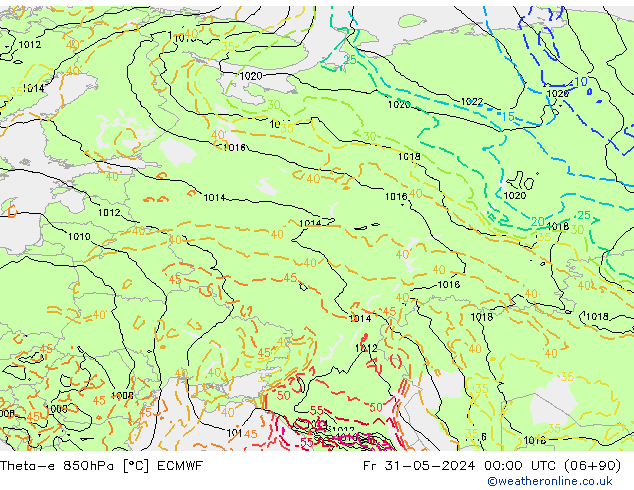 Theta-e 850hPa ECMWF Pá 31.05.2024 00 UTC