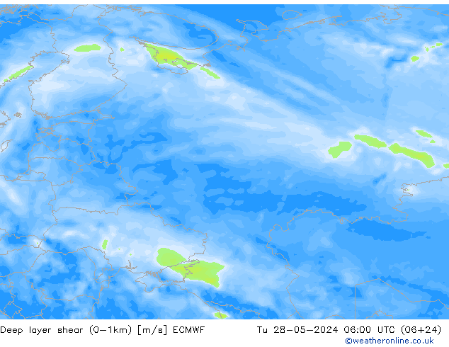 Deep layer shear (0-1km) ECMWF Tu 28.05.2024 06 UTC