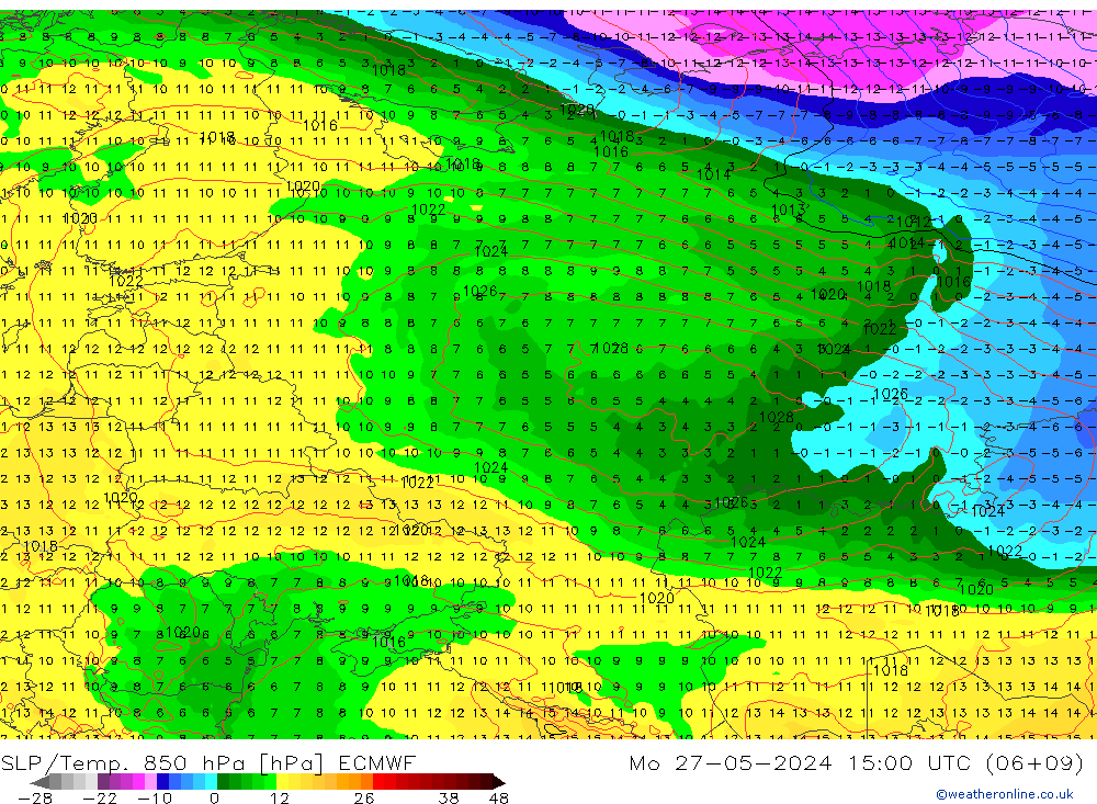 SLP/Temp. 850 hPa ECMWF pon. 27.05.2024 15 UTC