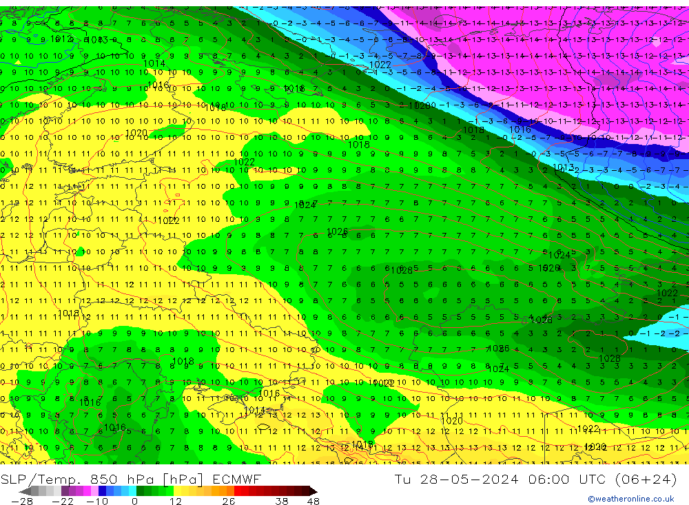 SLP/Temp. 850 hPa ECMWF wto. 28.05.2024 06 UTC