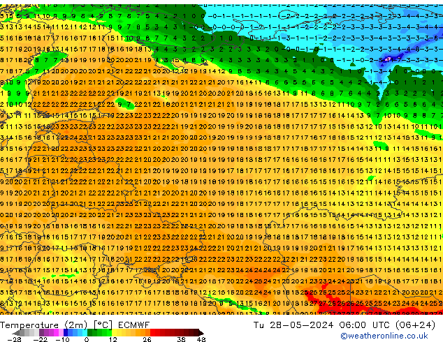 mapa temperatury (2m) ECMWF wto. 28.05.2024 06 UTC