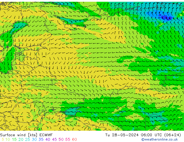 wiatr 10 m ECMWF wto. 28.05.2024 06 UTC