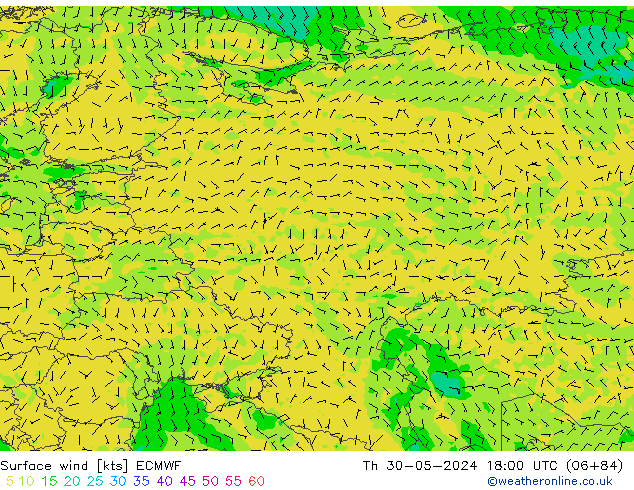 Surface wind ECMWF Čt 30.05.2024 18 UTC