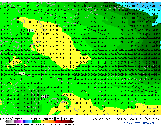 Height/Temp. 700 hPa ECMWF Po 27.05.2024 09 UTC