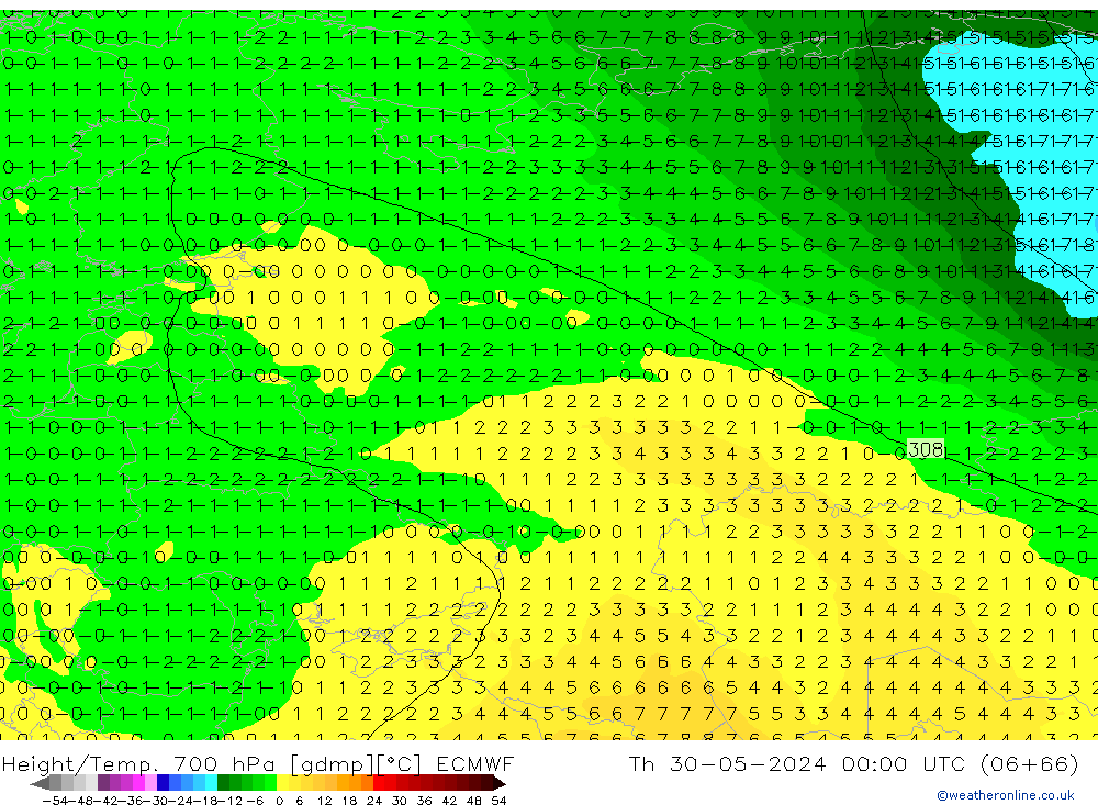 Height/Temp. 700 hPa ECMWF Čt 30.05.2024 00 UTC